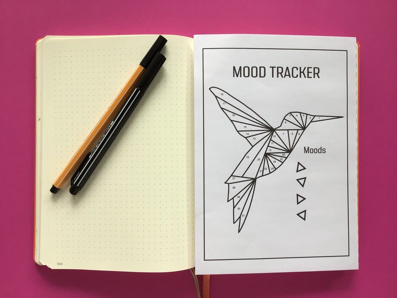 K&ouml;nnte beinhalten: Ein schwarz-wei&szlig;es Mood-Tracker-Druckmuster mit einem Kolibri mit nummerierten Abschnitten. Das Druckmuster enth&auml;lt den Text "MOOD TRACKER" und "Moods" mit einer Reihe von Dreiecken darunter.