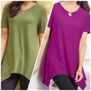 Matt Jersey Knit Sharkbite shape hem Key hole Tunic, Knit TOP, XL, Plus size, 1x, 2x, 3x, 4x