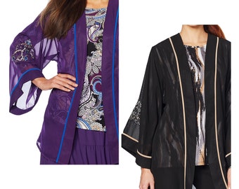 Chiffon Kimono Jacket with 3/4 sleeve printed top Set.  Black, Aubergine Purple, S, M, L, XL, Plus Size 1X