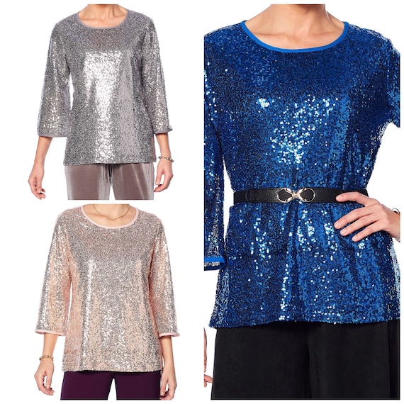 Sequin Top 3/4 Bell Sleeve Silver Rose ...