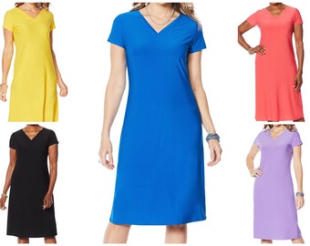 Matt JerseyKnit - Vestido camisa de camiseta de verano, cuello en V, manga corta, longitud de rodilla, esencial de verano, XS, S, M, L, XL, Plus Size 1X, 2X, 3X,