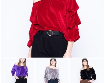 Stretch Velvet Top with Puff Sleeve Elastic On and Off Shoulder,  XS, S, M, L, XL, Plus Size 1X, 2X, 3X