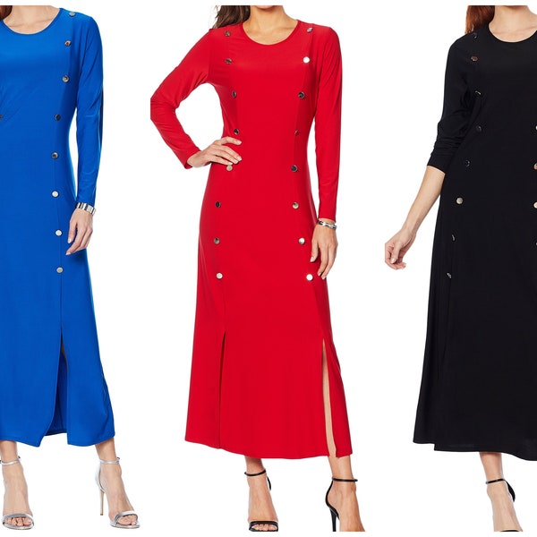 Matt Jersey Knit - Military style long sleeve Long dress, , Front Slits, A line Skirt, Blue, Red, Black, S, M, L, XL,Plus Size  1X, 2X