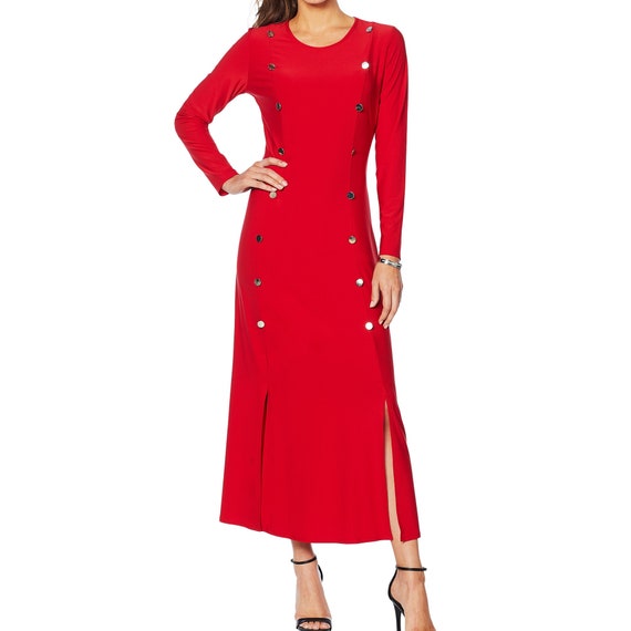 Military Style Jersey Knit Maxi Dress - Long Sleeve Front Slit Military Style Jersey Knit Maxi Dress - Long Sleeve Front Slit