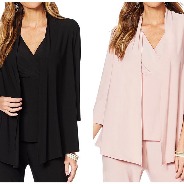 Matt Jersey Knit - Mock 2 pc Cardigan Set, Mock Wrap V neck, 3/4 Sleeve, Empire mock tank Soft Pink, Black S, M, L, XL, Plus size, 1X, 2X,