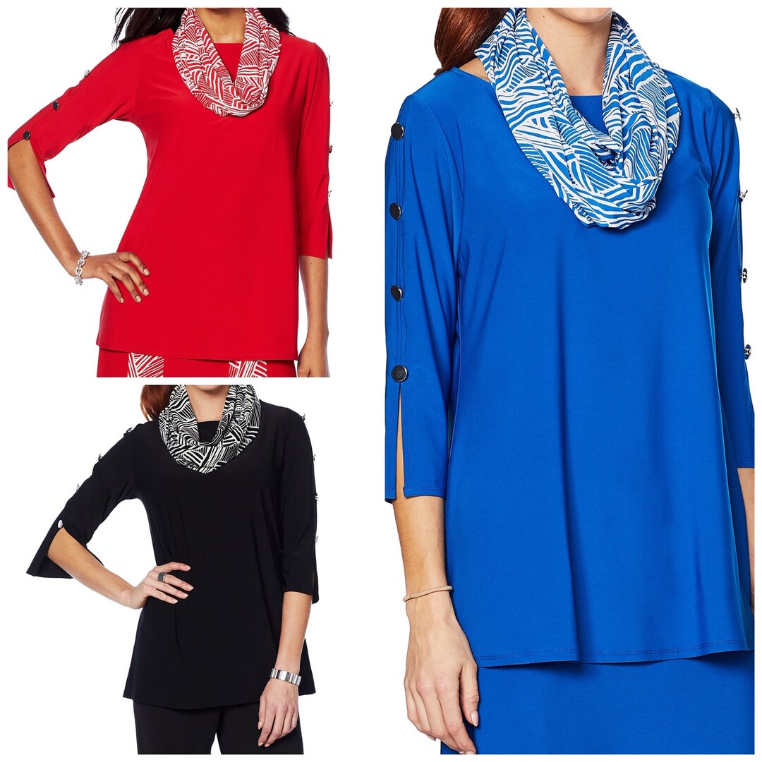 Matt Jersey Knit Button Detail 3/4 Sleeve Top With Free Scarf, S, M, L