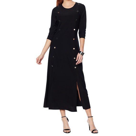 Military Style Jersey Knit Maxi Dress - Long Sleeve Front Slit
