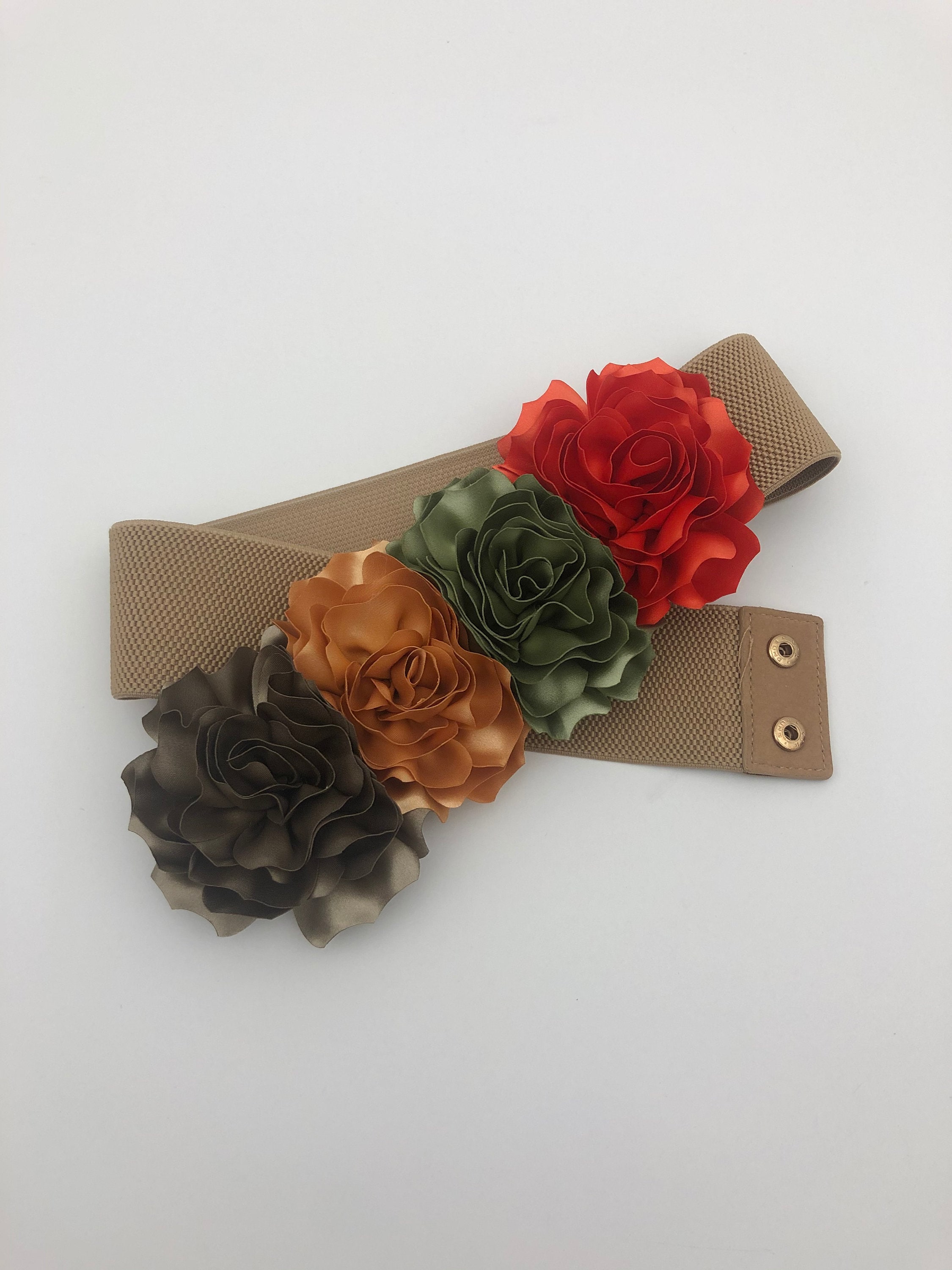 Floral Satin Elastic Belt - Multi Color Flower, Tan Belt - Etsy display picture 1