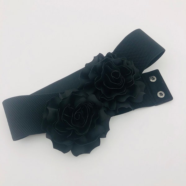 BELT- Satin Floral Elastic Belt 2 3D Black Flowers   XS, S, M, L, XL, Plus size, 1X, 2X,