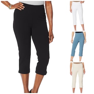 Tummy Control Crop Pant, Pedal pusher, Crepe Stretch Knit, S, Black, Beige, White, Slate Blue,  Plus size pant 1x