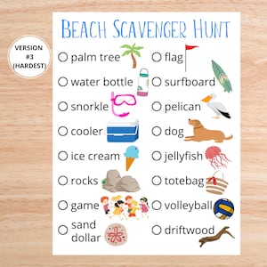 Puede incluir: Una lista de b&uacute;squeda del tesoro de playa imprimible con ilustraciones de art&iacute;culos para encontrar, como una palmera, una bandera, una botella de agua, una tabla de surf, un snorkel, un pel&iacute;cano, una nevera, un perro, un helado, una medusa, rocas, una bolsa de playa, un juego, un bal&oacute;n de voleibol, un d&oacute;lar de arena y madera flotante. La lista est&aacute; etiquetada como "Versi&oacute;n #3 (La m&aacute;s dif&iacute;cil)".