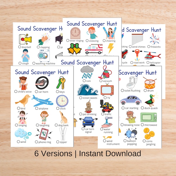 Sound Scavenger Hunt | 6 Versions | Listening Game | Summer Activity | Kid's Games | Aural Rehab | Printable | Instant Download