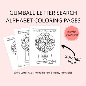 Printable Gumball Letter Search A-Z Alphabet Coloring Pages | Alphabet Search | Preschool | Kindergarten  | Phonics | Instant Download