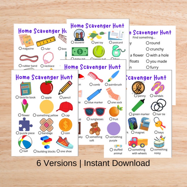 Home Scavenger Hunt | 6 Versions | Indoor Treasure Hunt | Summer Activities | Kid’s Games | Boredom Buster | Printable | Instant Download