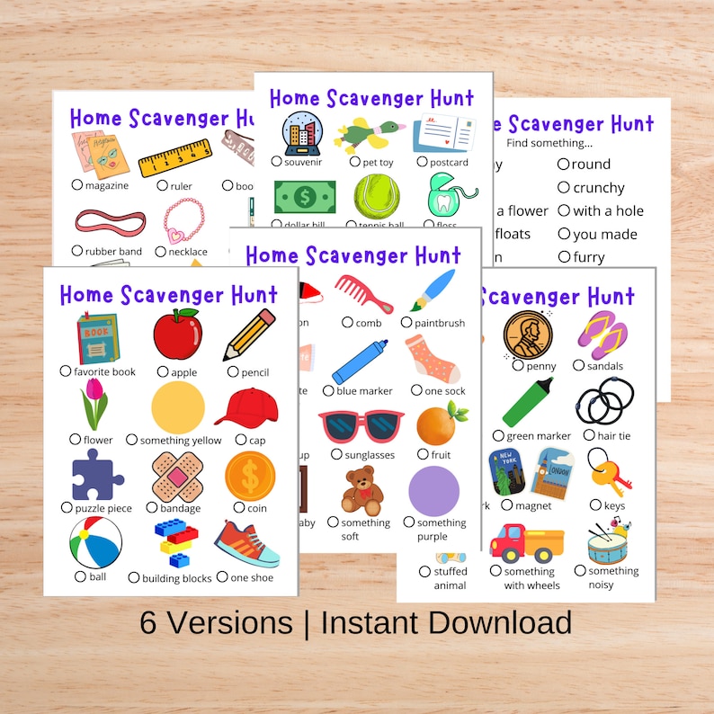 Pu&ograve; includere: Sei schede di caccia al tesoro stampabili con illustrazioni colorate di oggetti domestici comuni. Ogni scheda ha un elenco di oggetti da trovare, come un elastico, un pettine, una moneta e un peluche. Le schede sono intitolate "Home Scavenger Hunt".
