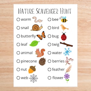 Pode incluir: Uma lista de verifica&ccedil;&atilde;o de ca&ccedil;a ao tesouro da natureza imprim&iacute;vel com ilustra&ccedil;&otilde;es de um verme, uma abelha, um caracol, um p&aacute;ssaro, uma borboleta, um inseto, uma folha, um galho, um animal, &aacute;gua, uma pinha, bagas, uma noz, uma pena, uma teia de aranha e uma flor.