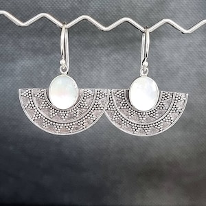 Fächer Ohrringe Silber, Ohrhänger mit Perlmutt Muschel Sterling Silber 925, Mother of Pearl