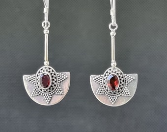 Balinese earrings, earrings silver 925, garnet earrings