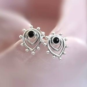 Silver stud earrings, boho earrings with black stone