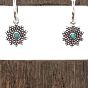Türkis Ohrringe, Creolen Silber 925, Blumen Ohrringe