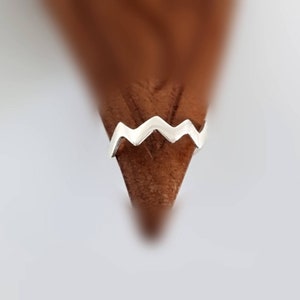 Könnte beinhalten: Ein silberner Ring mit Zickzack-Design. Der Ring ist vor einem braunen Hintergrund platziert, was einen Kontrast erzeugt, der die Form des Rings hervorhebt. Das Design des Rings besteht aus einer Reihe verbundener Spitzen und Täler.