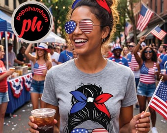 4th Of July Messy Bun SVG PNG, Patriotic American Flag Sunglasses Design, Red White and Blue Girl Shirt, Independence Day Digital Download
