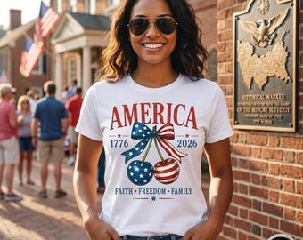 America 250th Anniversary PNG, Coquette Patriotic Cherries Design, 1776-2026 Sublimation, 4th of July Vintage USA Bow Digital Download