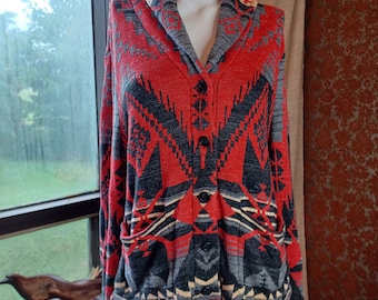 Ralph Lauren Cardigan M Cotton Sweater Southwestern Aztec Indian Western Navajo Blanket Women's Red LRL Vintage