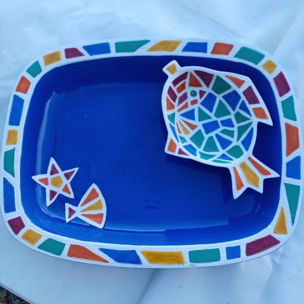 Clay art serving Bowl tray and fish dip tray Aegean Mosaic fish hand-painted so clay art