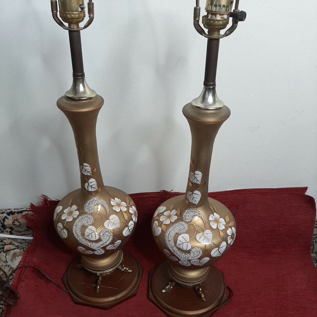 Pair of Vintage Hand Painted Glass Table Lamps 31 Hollywood Regency Etsy