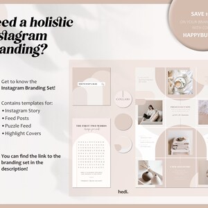 May include: A collage of nine Instagram post templates with a neutral color palette of beige and white. The templates feature various designs, including circles, half-circles, and text boxes. The text "COLLABS" is featured in one of the templates. The text "PRESETS ARE NOW" is featured in another template. The text "THE FIRST TWO WORDS" is featured in another template. The text "SAVE 15% ON YOUR BRANDING SET WITH CODE HAPPYBUNDLE" is featured in a separate box.