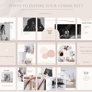 May include: A collage of 12 Instagram post templates with a neutral color palette of beige, white, and black. The templates feature quotes, mood boards, weekly inspiration, and prompts for engagement. The text "create your own magic" is featured in one of the templates.