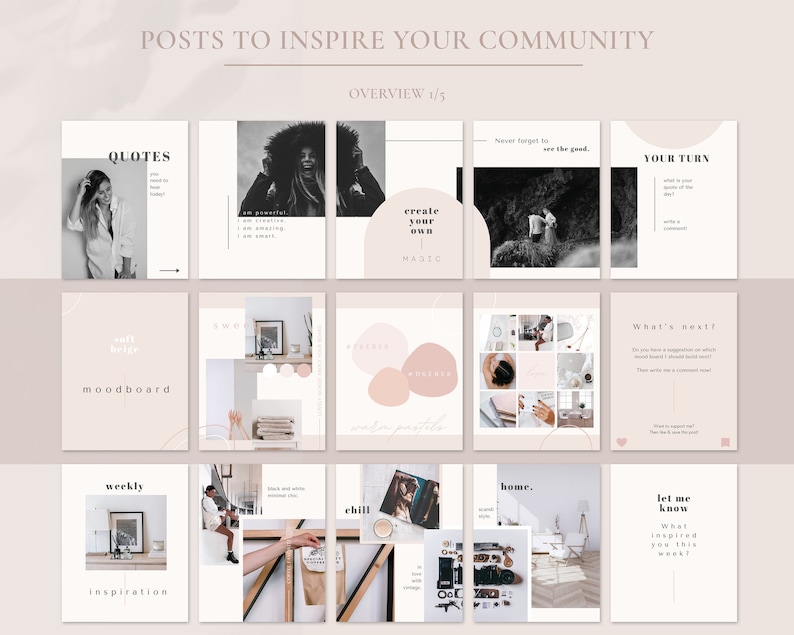 May include: A collage of 12 Instagram post templates with a neutral color palette of beige, white, and black. The templates feature quotes, mood boards, weekly inspiration, and prompts for engagement. The text "create your own magic" is featured in one of the templates.