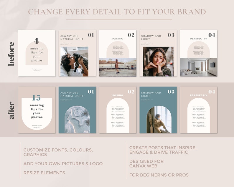 May include: A before and after image showing how to improve photos for social media. The before image shows 4 tips for taking better photos, while the after image shows 15 tips. The text in the image says "Always use natural light" and "Posing, Shadow and Light, Perspective".