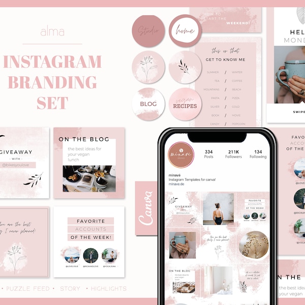 Rosa Instagram Brand Kit "Alma"  | Instagram Templates für Canva | Instagram Marketing & Blogger Template | Instagram Branding Set