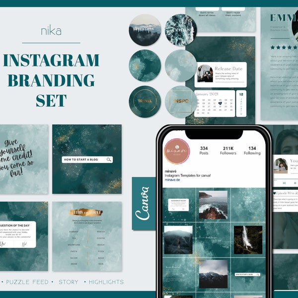 Instagram Branding Set "Nika" Blau & Gold für Canva  |  Instagram Puzzle - Instagram Brand Kit | Editable Instagram Templates Canva Insta