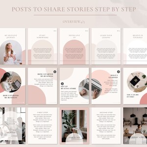 May include: A graphic design template for social media posts. The template features a pink and white color scheme with a modern, minimalist design. The text on the template includes the words "Posts to Share Stories Step by Step" and "Overview 4/5".