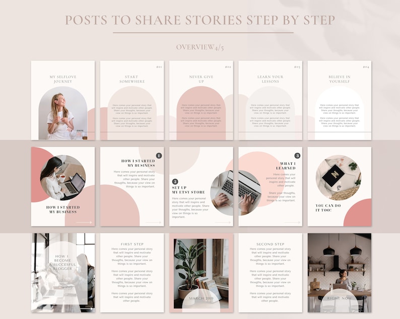 May include: A graphic design template for social media posts. The template features a pink and white color scheme with a modern, minimalist design. The text on the template includes the words "Posts to Share Stories Step by Step" and "Overview 4/5".