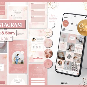 Pink Instagram Branding Kit &quot;Nova&quot; for Canva | Gold Instagram Bundle - Instagram Post Pack | Editable Instagram Templates Canva Pink