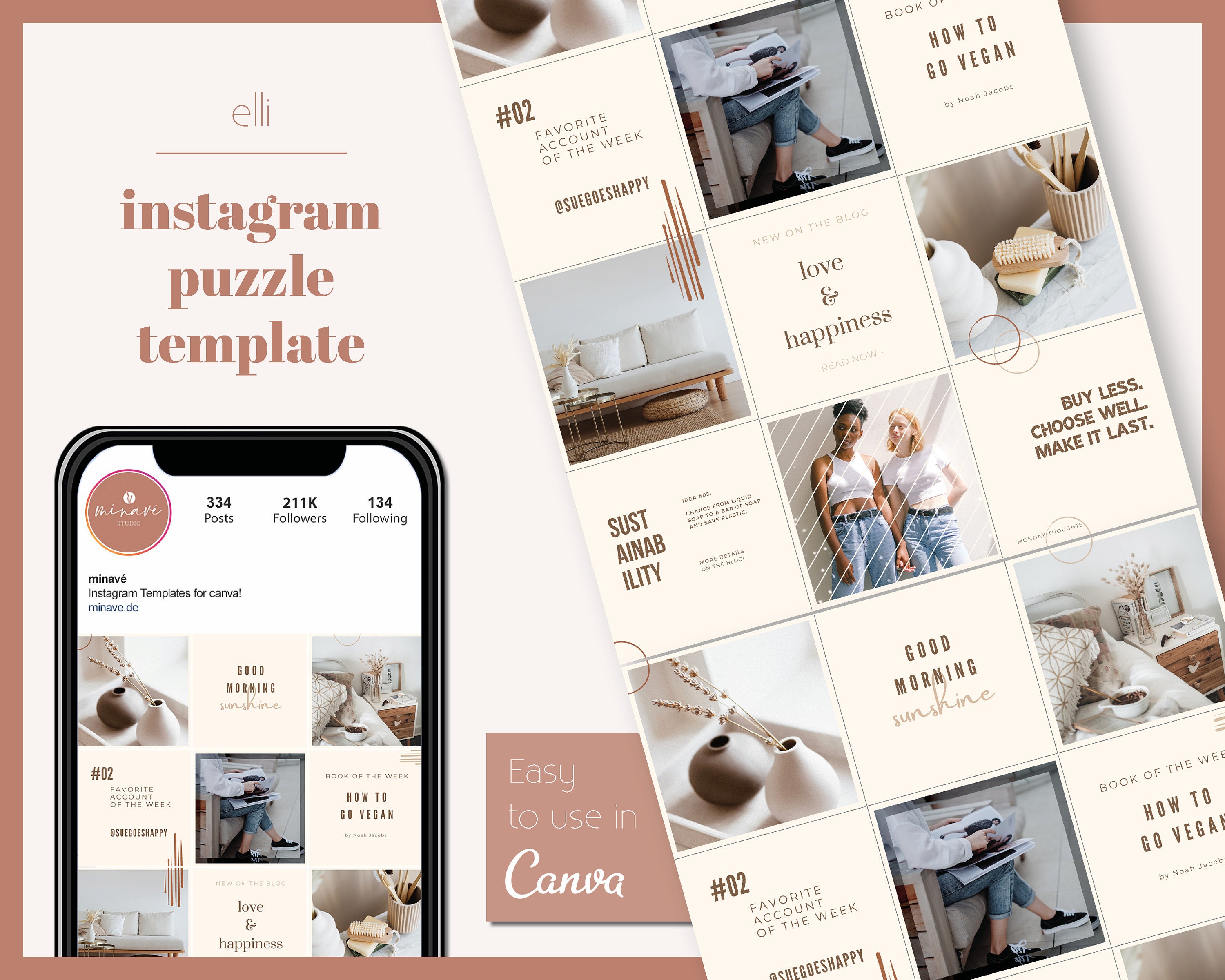 Quotes Instagram Puzzle Template "Elli" for Canva | Minimal Instagram Puzzle Feed | Beige Instagram Puzzle Canva | Instagram Canva Template