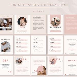 May include: A pink and white graphic design template for social media posts. The template includes text that says "Posts to Increase Interaction" and "Overview 35". The template also includes images of people and text that says "What you love about your account", "Challenge", "Q&A", "Yes", "No", "And you?" and "Write with me?"
