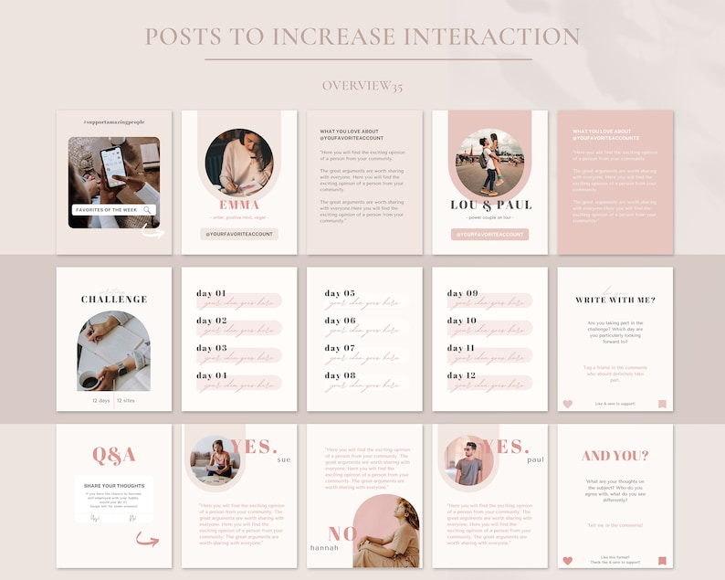 May include: A pink and white graphic design template for social media posts. The template includes text that says "Posts to Increase Interaction" and "Overview 35". The template also includes images of people and text that says "What you love about your account", "Challenge", "Q&A", "Yes", "No", "And you?" and "Write with me?"