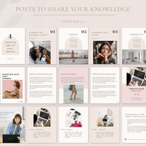 May include: A collage of social media posts with tips for taking better photos, interviewing other business owners, and creating a blogging routine. The posts are designed in a minimalist style with a pink and white color scheme.