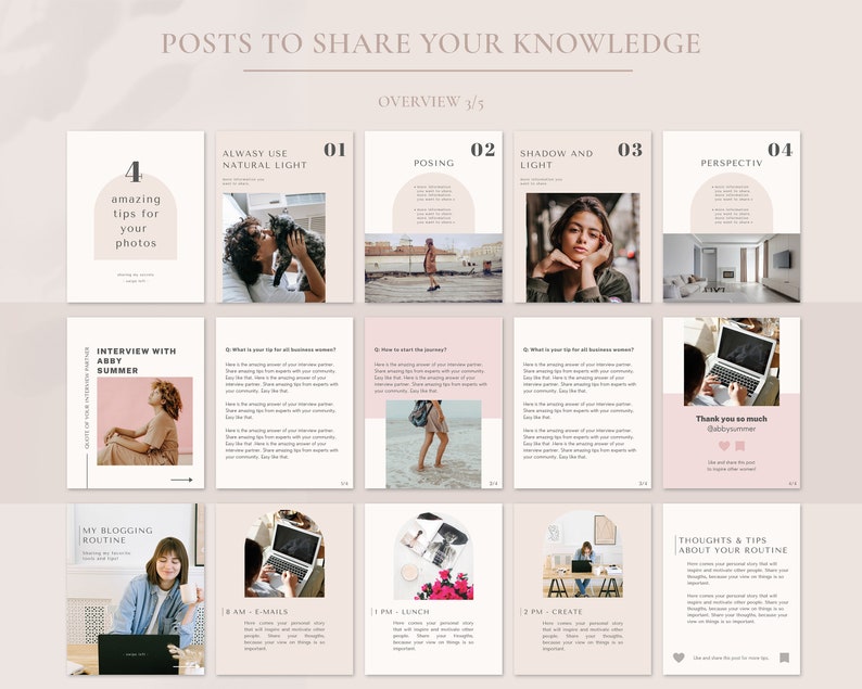 May include: A collage of social media posts with tips for taking better photos, interviewing other business owners, and creating a blogging routine. The posts are designed in a minimalist style with a pink and white color scheme.