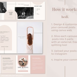 May include: A pink and white graphic design template for Instagram carousel posts. The template includes text that says "Create your own magic", "New product 1", "Top "Olivia"", "3 different colours", "100% organic cotton", "available worldwide", "21,90 $", "Shop now", "What you love about #yourcommunityaccount", "Emma", "Lou & Paul", "#yourcommunityaccount", "What you love about #yourcommunityaccount", "Pictures are not included", "How it works!", "hedi.", "1. Design & customize your carousel posts using canva web", "2. Slice each carousel posts into 5 parts with an external, free splitting tool", "3. Upload your posts to instagram", "4. Inspire your community!" and "Your turn".