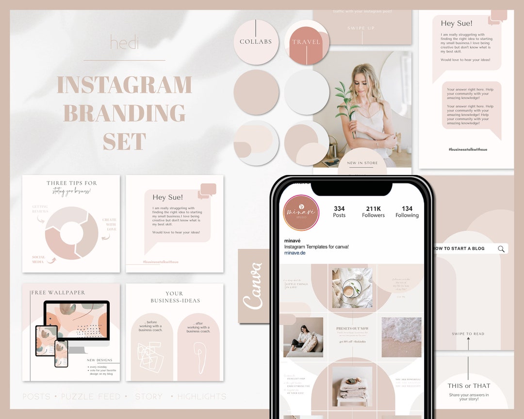 Instagram Brand Kit hedi Minimal & Modern Canva Beige Instagram Bundle ...