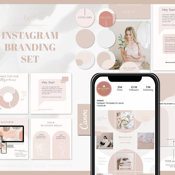 Instagram Brand Kit "Hedi" Minimal & Modern Canva  | Beige Instagram Bundle - Instagram Pack | Editable Instagram Templates Canva