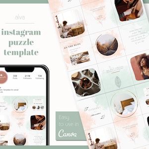 Modern Canva Instagram Puzzle &quot;Alva&quot; peach mint | Instagram Template Puzzle Feed | Editable Instagram Puzzle Feed Template für Instagram