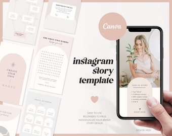 Könnte beinhalten: Ein rosa-weißes Telefon-Bildschirm-Mockup, das Instagram-Story-Vorlagen für kleine Unternehmen zeigt. Die Vorlagen bieten eine Vielzahl von Designs, darunter ein Wortsuchspiel, eine Frage des Tages und eine Ankündigung neuer Produkte im Laden. Der Text "instagram story template" wird in einer fetten, Retro-Schriftart angezeigt.