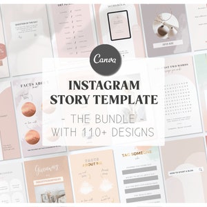 Könnte beinhalten: Eine Sammlung von über 110 Instagram-Story-Vorlagen in einem rosa-weißen Farbschema. Die Vorlagen bieten verschiedene Designs, darunter Textfelder, Grafiken und Bilder. Der Text "Instagram Story Template - The Bundle - With 110+ Designs" wird in einer großen Schriftart angezeigt.
